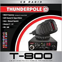 Thunderpole T-800 is a small compact, user-friendly CB radio with essential features, including AM/FM channels, Multi-band operation with UK, auto-squelch, bright LED display, signal meter and a microphone.